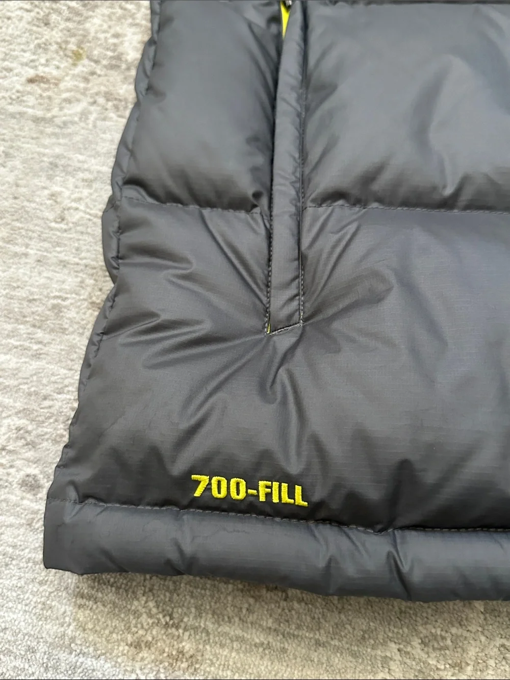Marmot Men’s Large Gray and Yellow Puffy Down Vest. 700-fill.